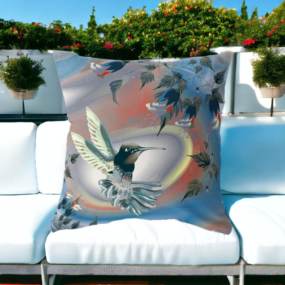 16" X 16" Blue and Gray Bird Blown Seam Floral Indoor Outdoor Throw Pillow. Picture 2