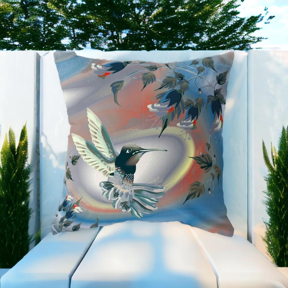 18" X 18" Blue and Gray Bird Blown Seam Floral Indoor Outdoor Throw Pillow. Picture 2