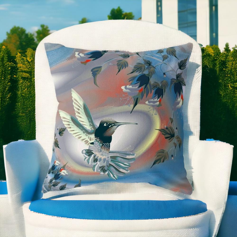 20" X 20" Blue and Gray Bird Blown Seam Floral Indoor Outdoor Throw Pillow. Picture 2