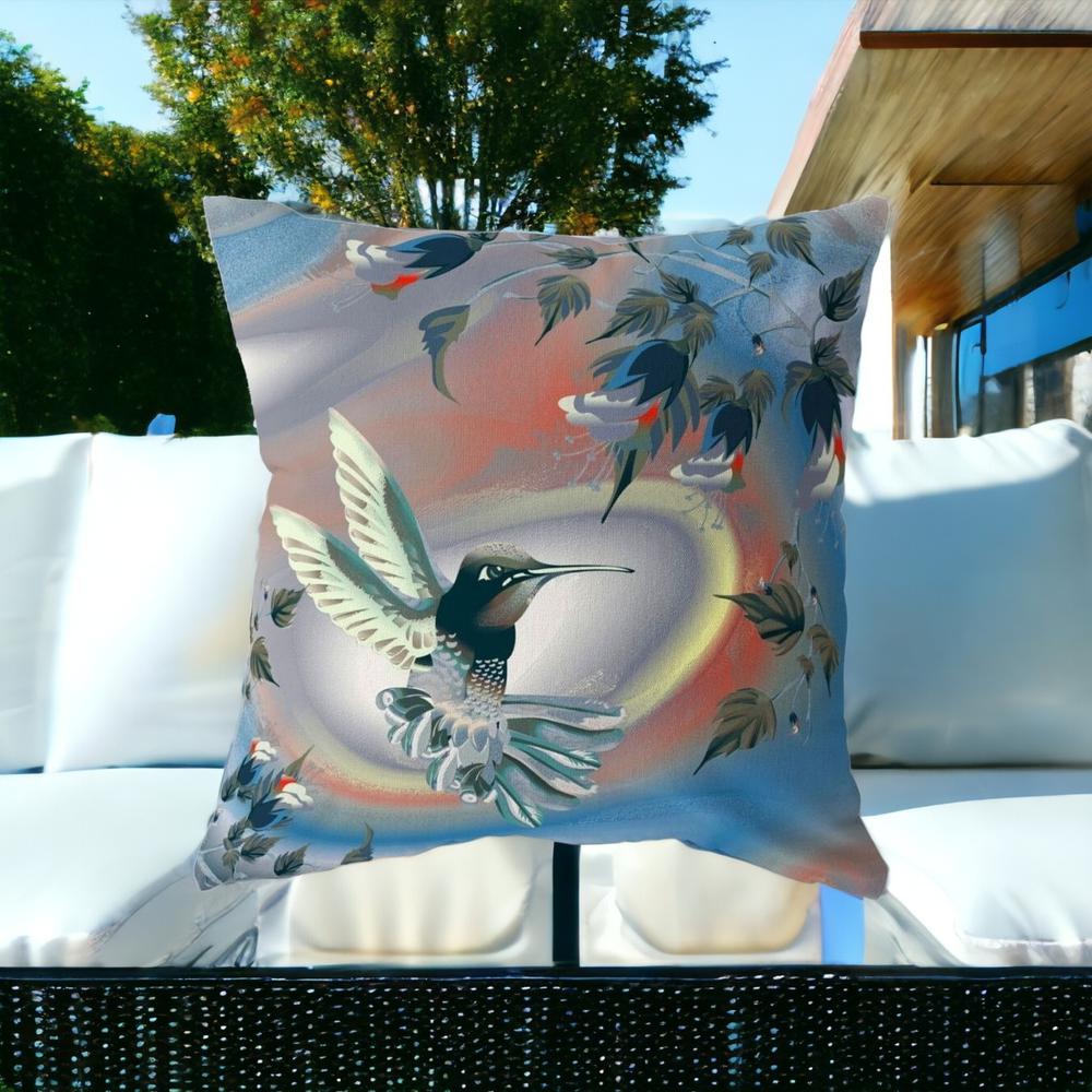 28" X 28" Blue and Gray Bird Blown Seam Floral Indoor Outdoor Throw Pillow. Picture 2