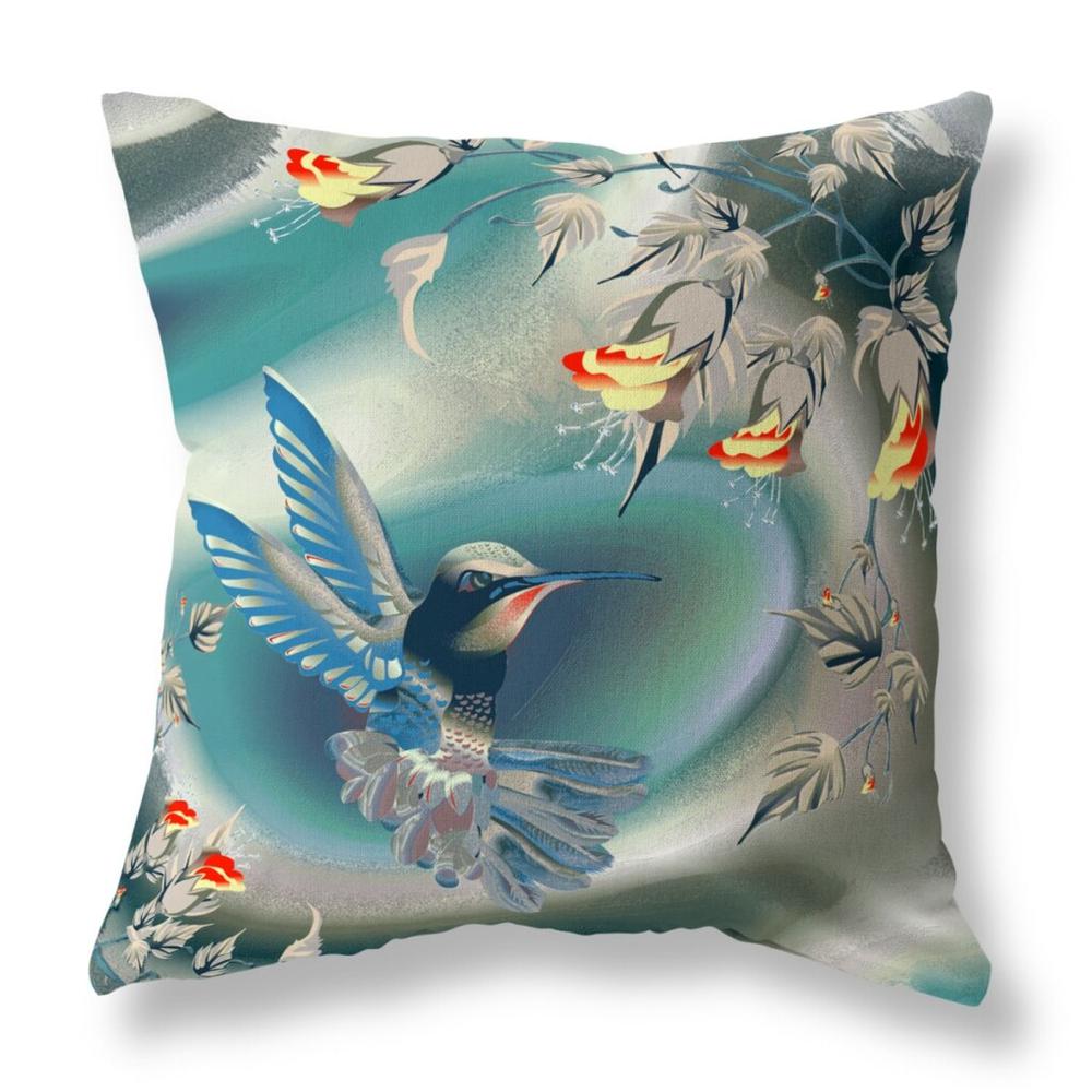 20" X 20" Blue and Gray Bird Blown Seam Floral Indoor Outdoor Throw Pillow. Picture 1