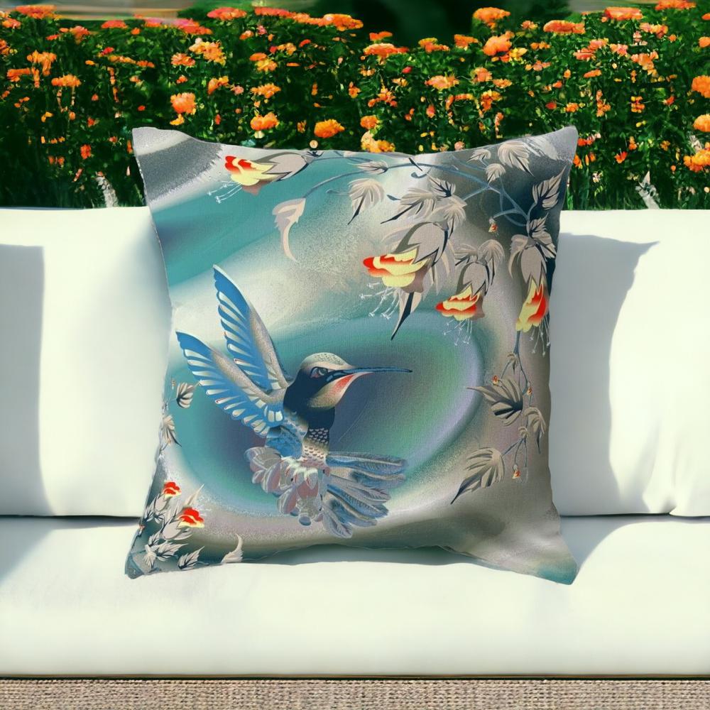 20" X 20" Blue and Gray Bird Blown Seam Floral Indoor Outdoor Throw Pillow. Picture 2