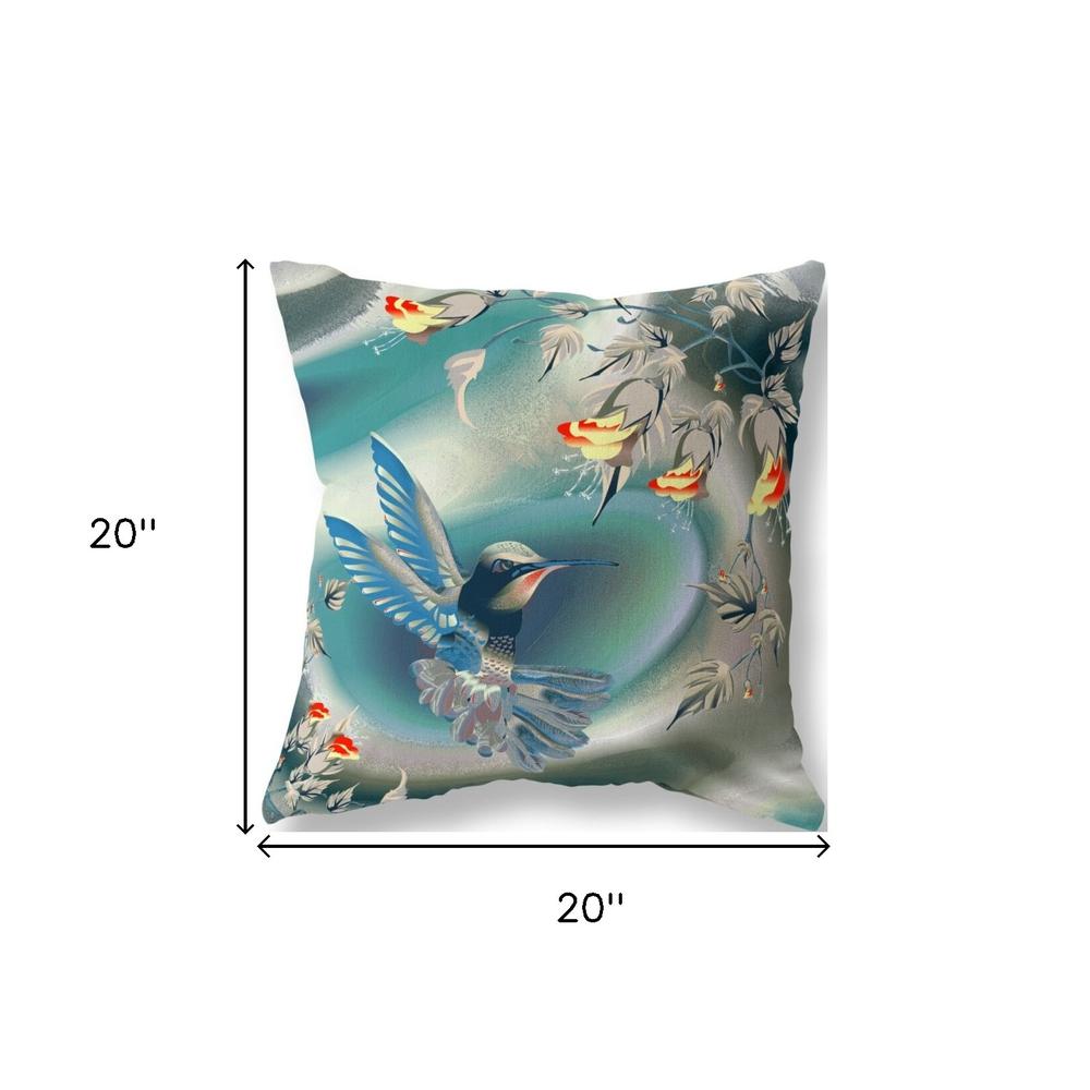 20" X 20" Blue and Gray Bird Blown Seam Floral Indoor Outdoor Throw Pillow. Picture 5