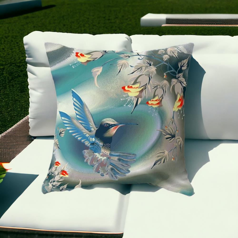 26" X 26" Blue and Gray Bird Blown Seam Floral Indoor Outdoor Throw Pillow. Picture 2