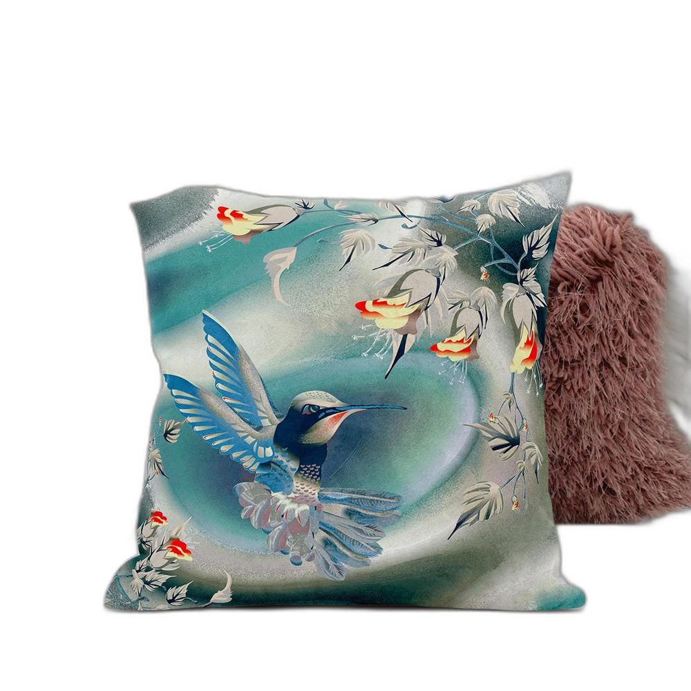 28" x 28" Turquoise Bird Blown Seam Floral Indoor Outdoor Throw Pillow. Picture 2