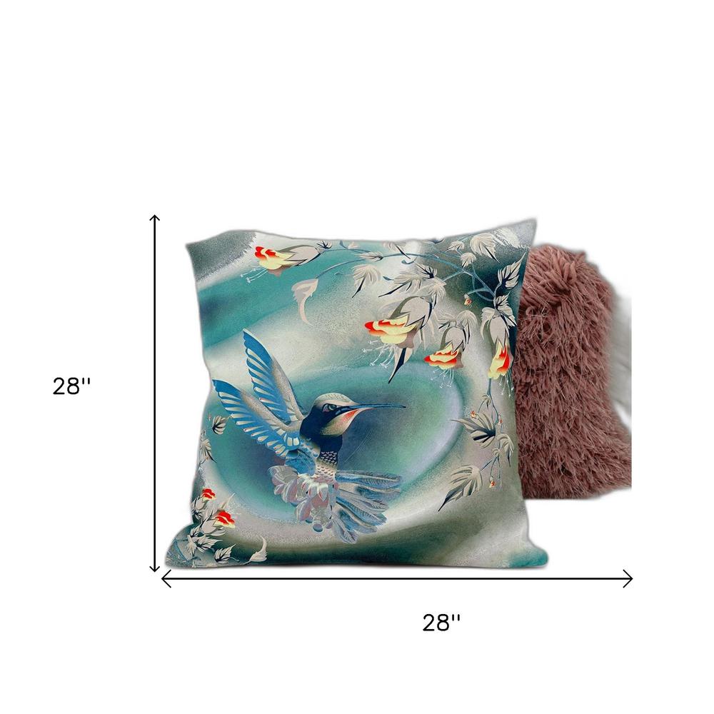 28" x 28" Turquoise Bird Blown Seam Floral Indoor Outdoor Throw Pillow. Picture 6
