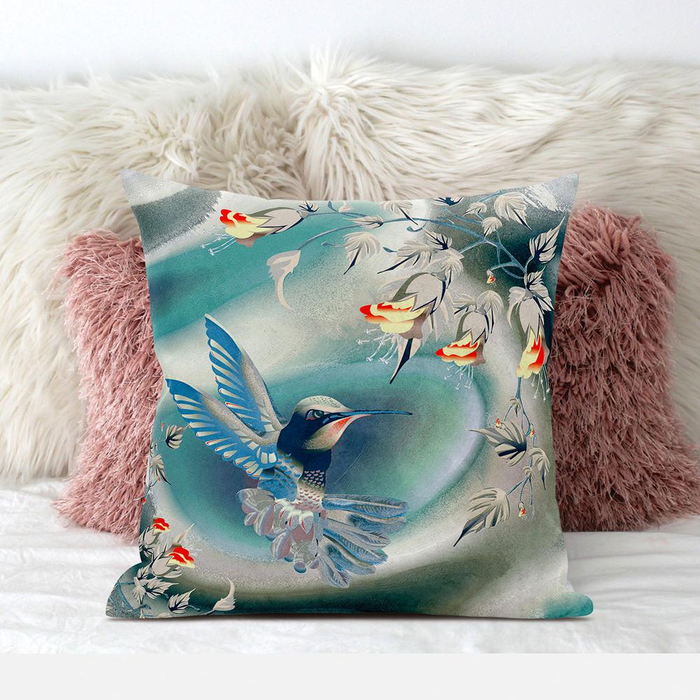 28" x 28" Turquoise Bird Blown Seam Floral Indoor Outdoor Throw Pillow. Picture 3