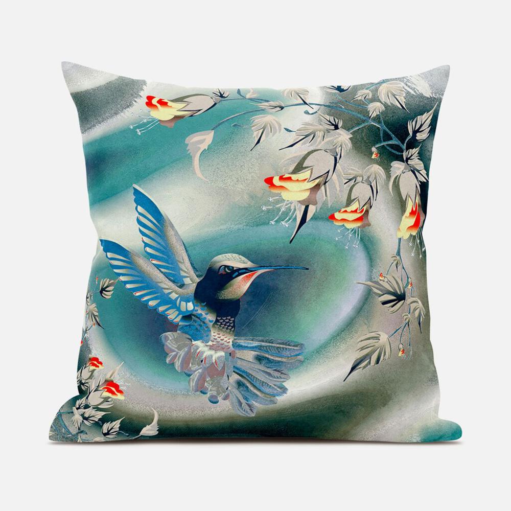 28" x 28" Turquoise Bird Blown Seam Floral Indoor Outdoor Throw Pillow. Picture 1