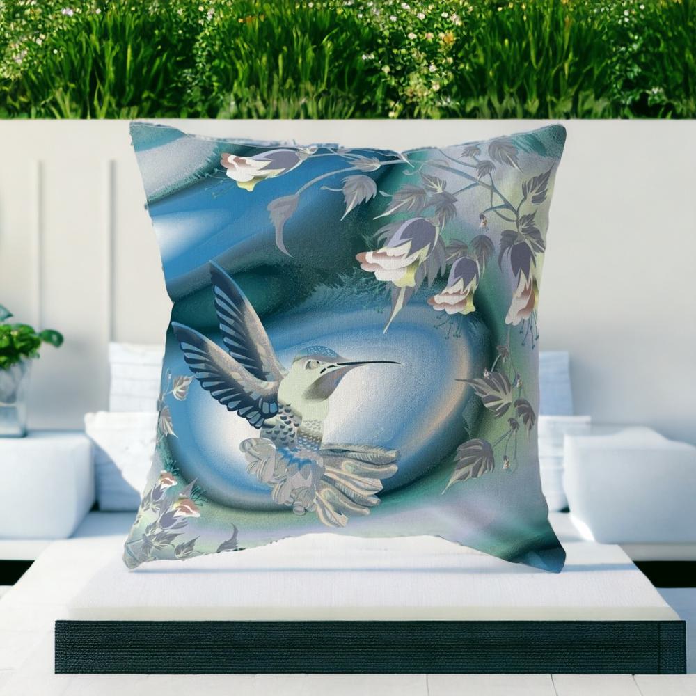 20" X 20" Blue and White Bird Blown Seam Floral Indoor Outdoor Throw Pillow. Picture 2