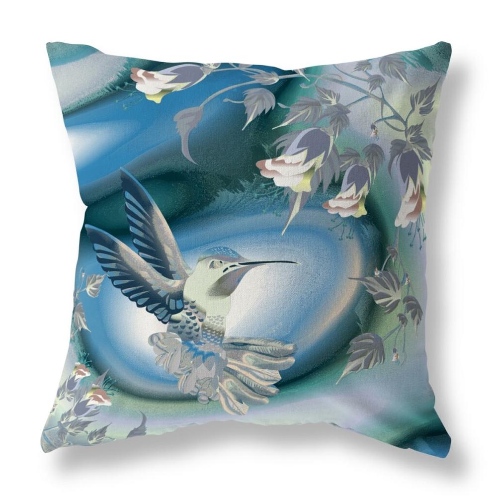 26" X 26" Blue and White Bird Blown Seam Floral Indoor Outdoor Throw Pillow. Picture 1
