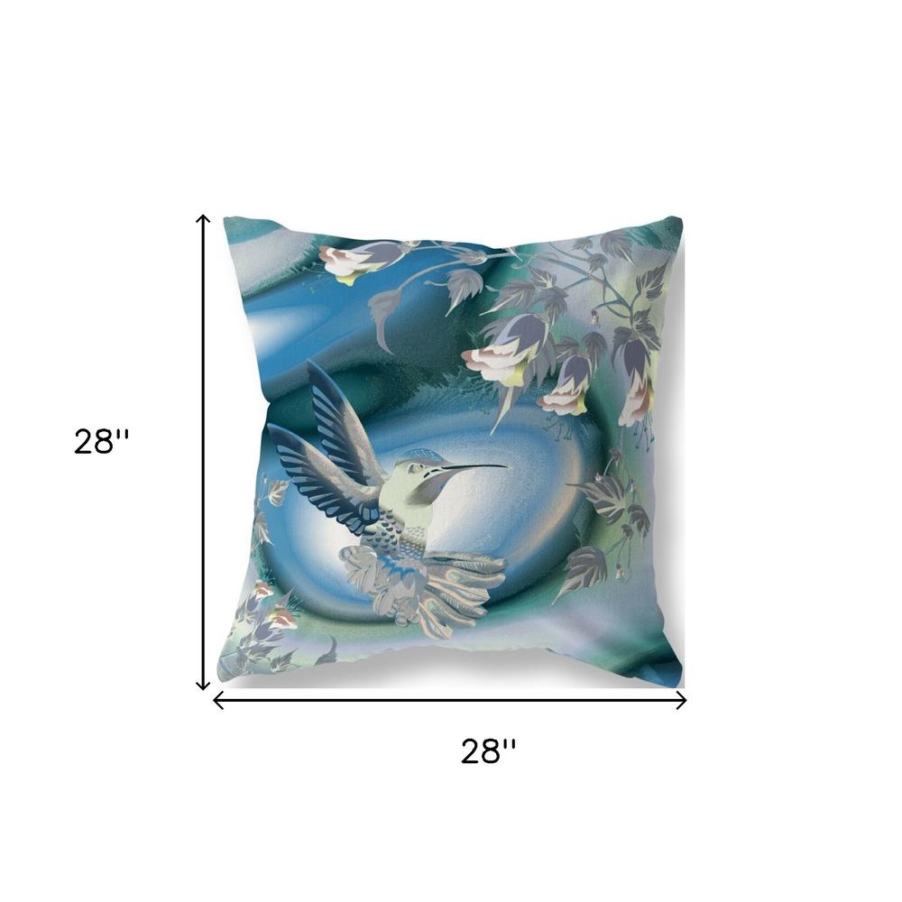 28" X 28" Blue and White Bird Blown Seam Floral Indoor Outdoor Throw Pillow. Picture 5