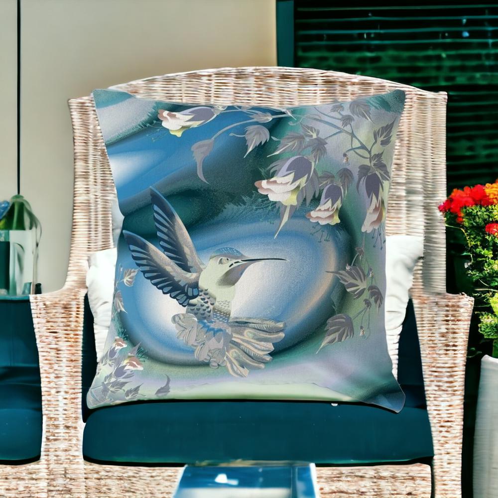 28" X 28" Blue and White Bird Blown Seam Floral Indoor Outdoor Throw Pillow. Picture 2