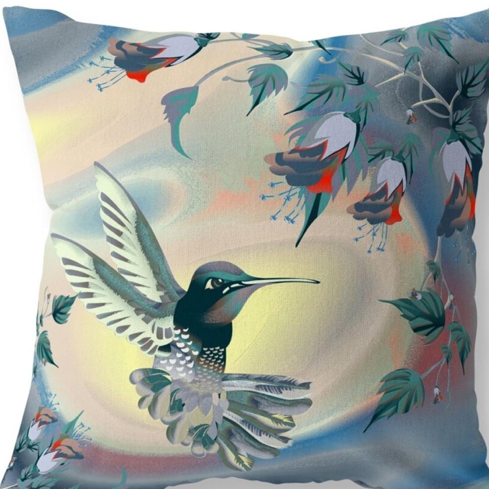 18" X 18" Blue and Yellow Bird Blown Seam Floral Indoor Outdoor Throw Pillow. Picture 4