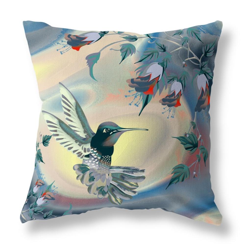 18" X 18" Blue and Yellow Bird Blown Seam Floral Indoor Outdoor Throw Pillow. Picture 1