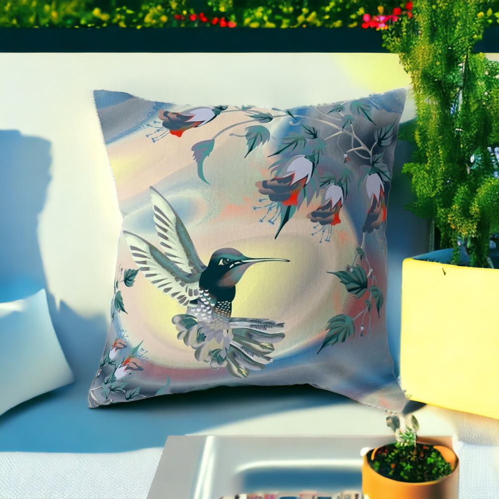 18" X 18" Blue and Yellow Bird Blown Seam Floral Indoor Outdoor Throw Pillow. Picture 2