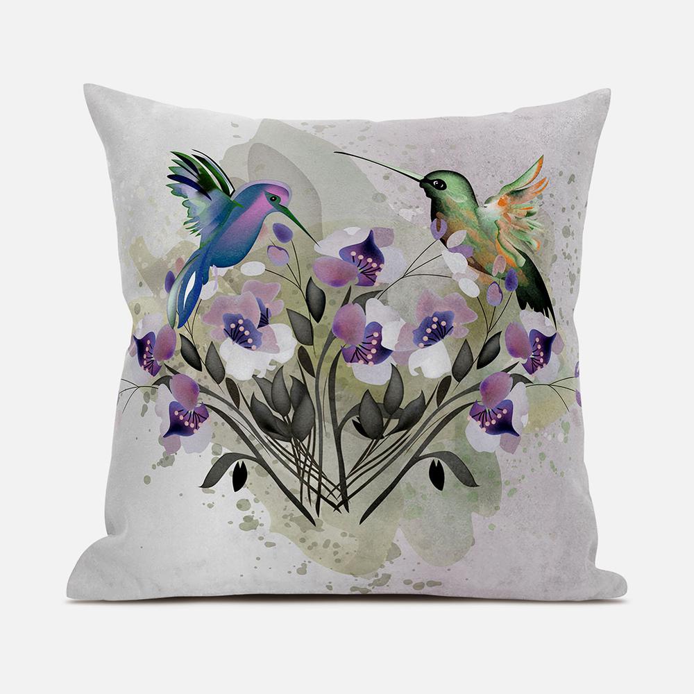 Beige Purple Brown Green Bird Blown Seam Broadcloth Animal Print Throw Pillow. Picture 1