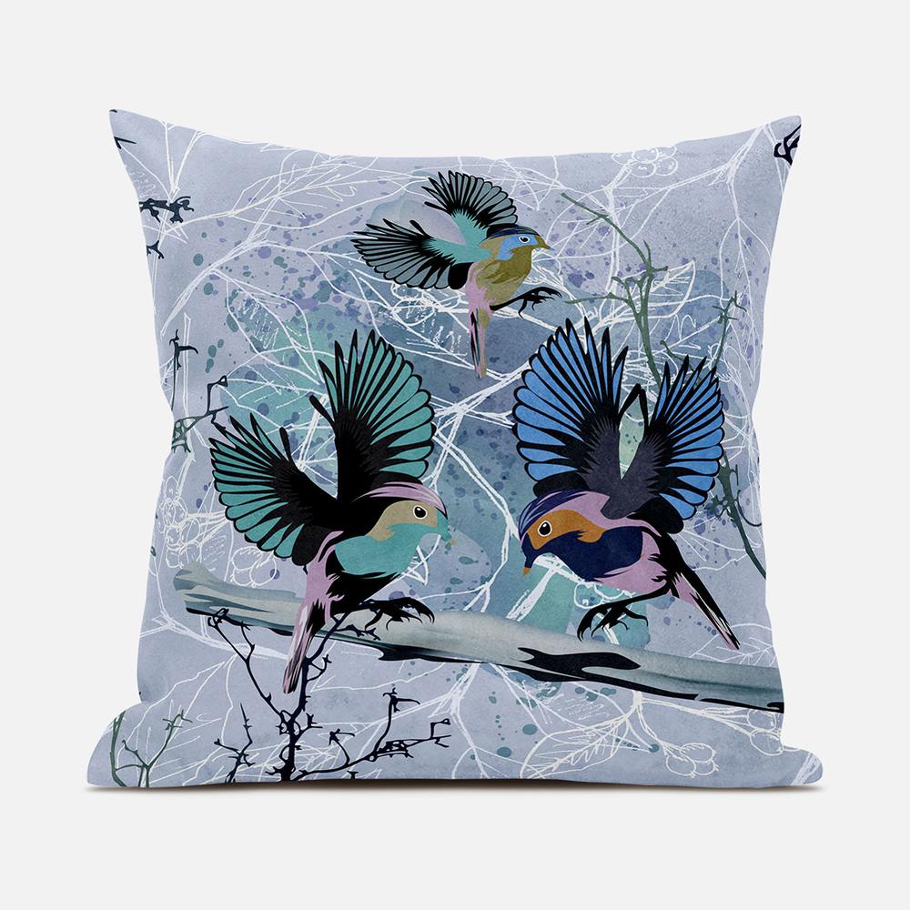 18x18 Blue Pink Gray Bird Blown Seam Broadcloth Animal Print Throw Pillow. Picture 1