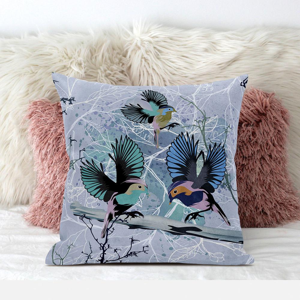 18x18 Blue Pink Gray Bird Blown Seam Broadcloth Animal Print Throw Pillow. Picture 3
