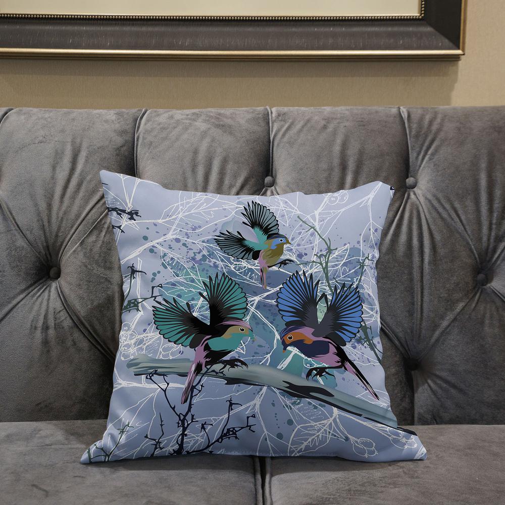 18x18 Blue Pink Gray Bird Blown Seam Broadcloth Animal Print Throw Pillow. Picture 5
