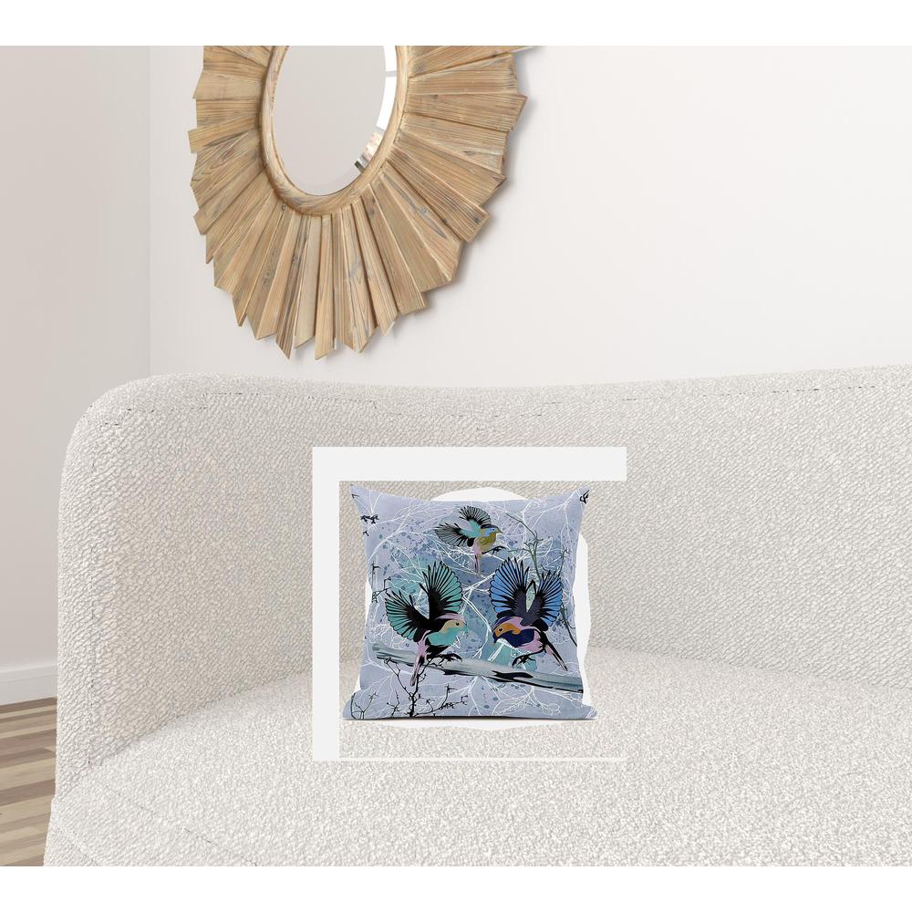 18x18 Blue Pink Gray Bird Blown Seam Broadcloth Animal Print Throw Pillow. Picture 2