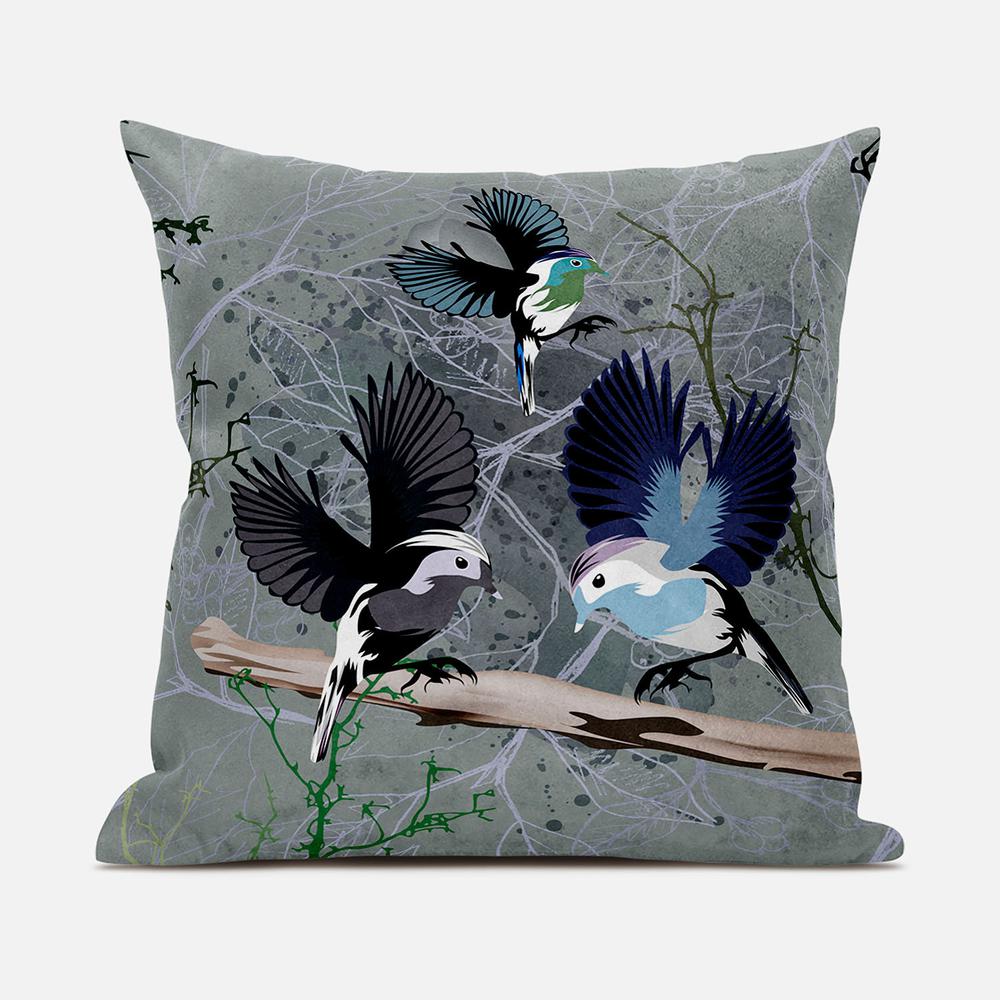 26x26 Off White Green Bird Blown Seam Broadcloth Animal Print Throw Pillow. Picture 1