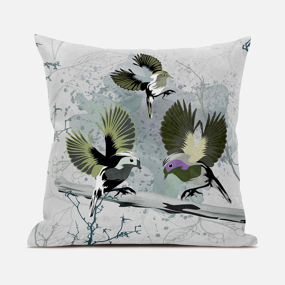 16x16 OliveGreen Offwhite Bird Blown Seam Broadcloth Animal Print Throw Pillow. Picture 1