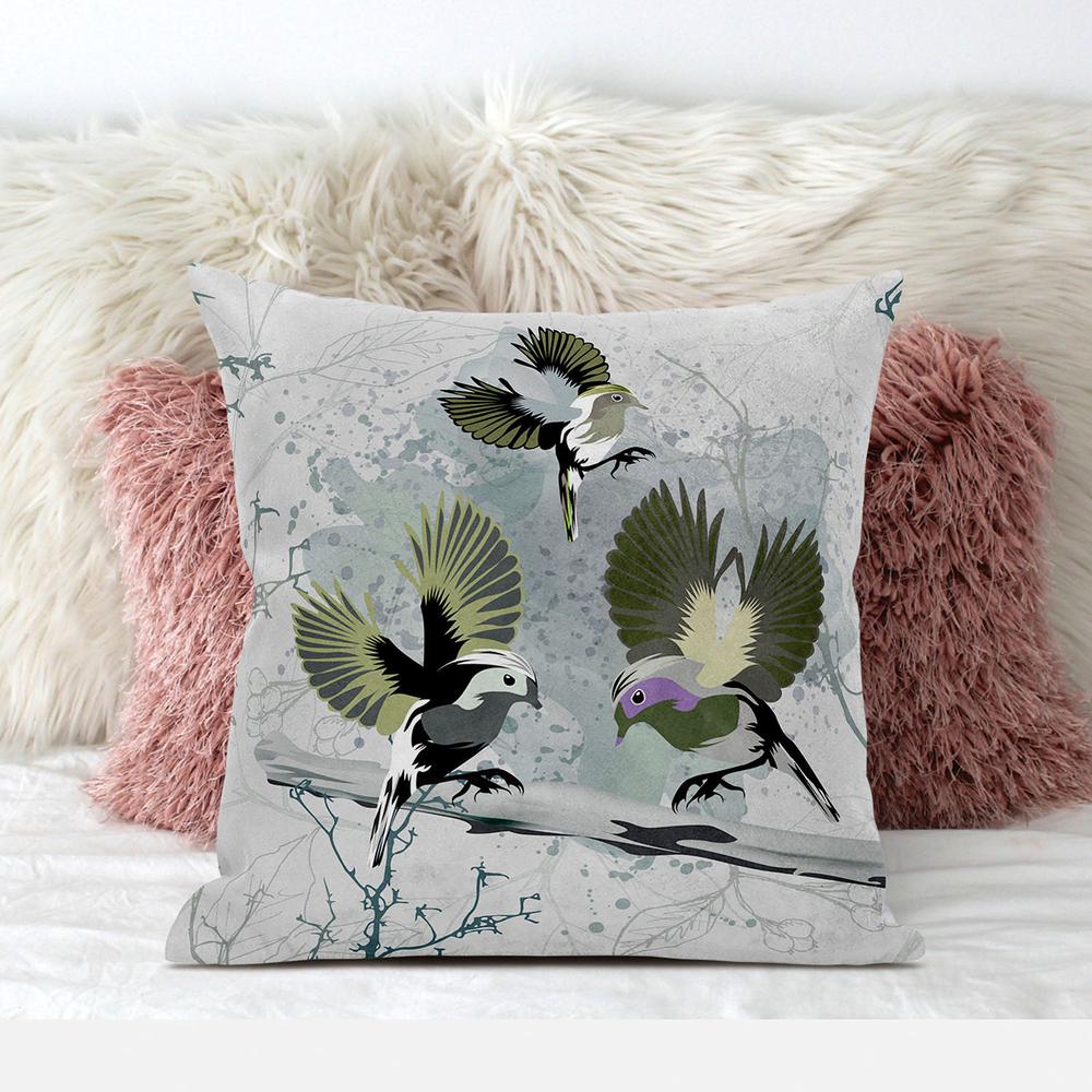 16x16 OliveGreen Offwhite Bird Blown Seam Broadcloth Animal Print Throw Pillow. Picture 3