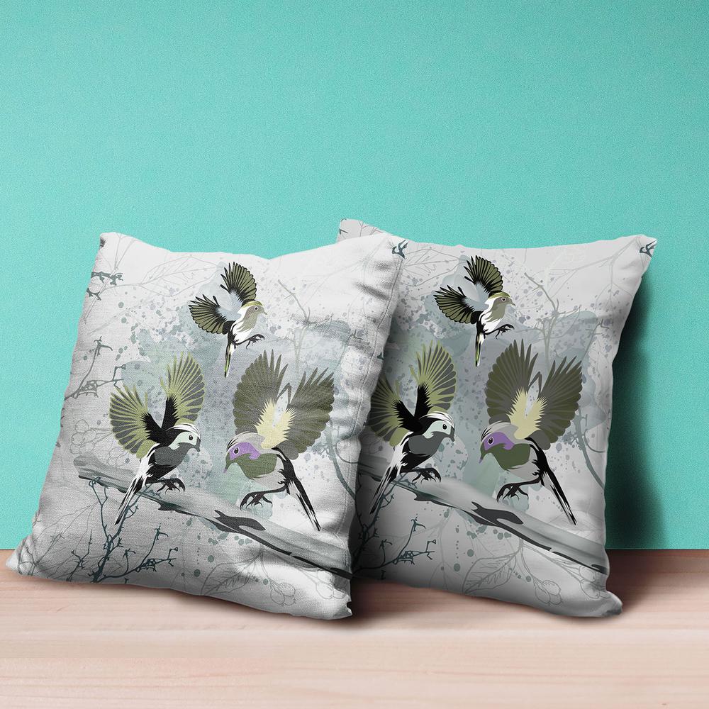 16x16 OliveGreen Offwhite Bird Blown Seam Broadcloth Animal Print Throw Pillow. Picture 4