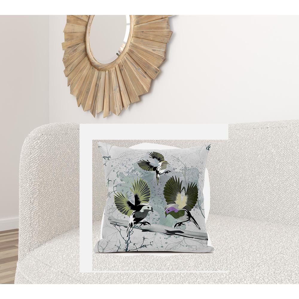 26x26 OliveGreen Offwhite Bird Blown Seam Broadcloth Animal Print Throw Pillow. Picture 2