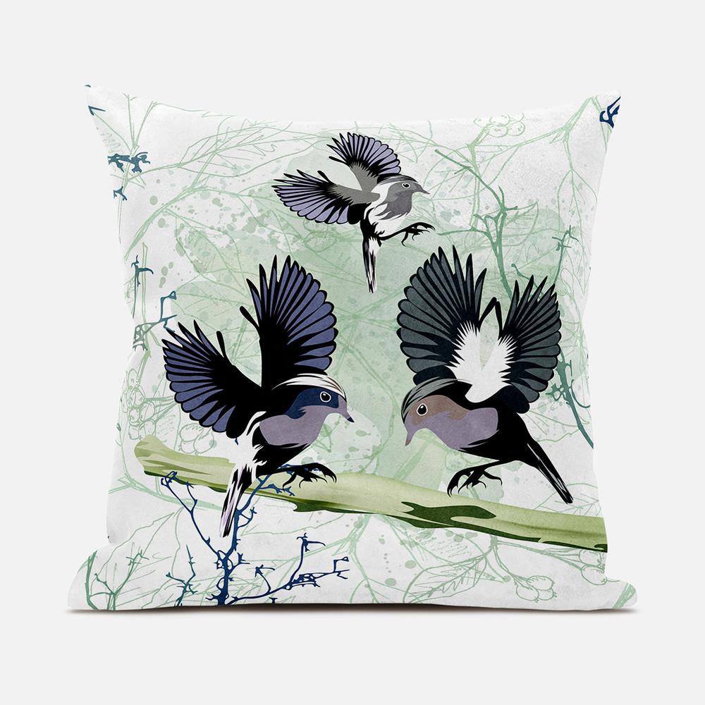 16x16 OffWhite Green Gray Bird Blown Seam Broadcloth Animal Print Throw Pillow. Picture 1