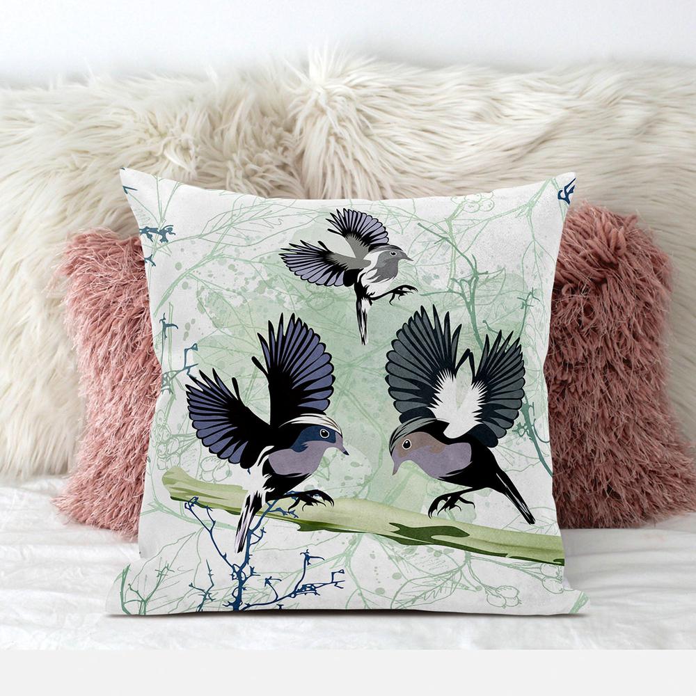 16x16 OffWhite Green Gray Bird Blown Seam Broadcloth Animal Print Throw Pillow. Picture 3