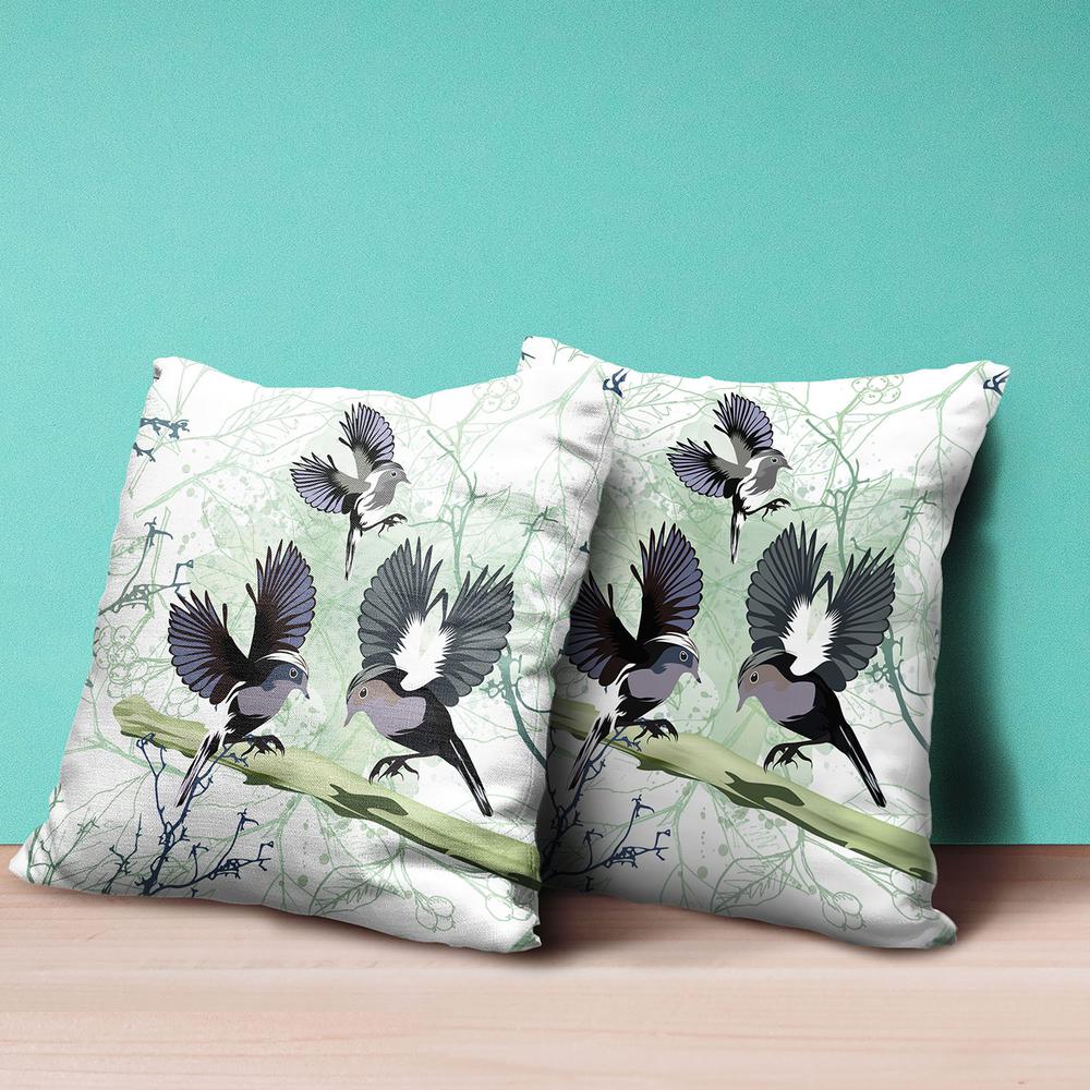 16x16 OffWhite Green Gray Bird Blown Seam Broadcloth Animal Print Throw Pillow. Picture 4