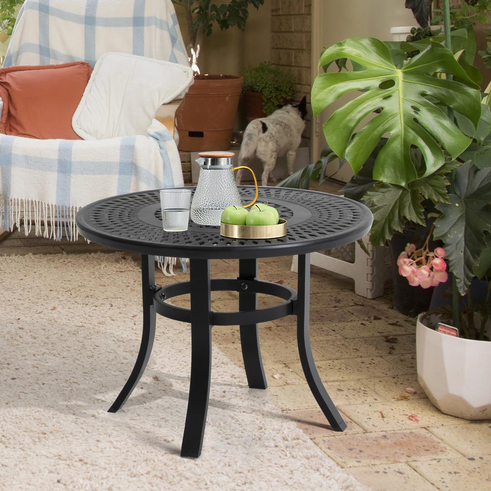24" Black Rounded Metal Outdoor Bistro Table With Umbrella Hole. Picture 7