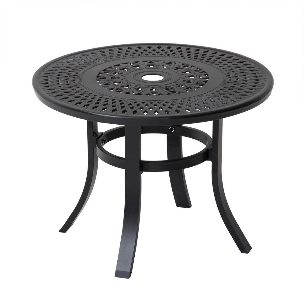24" Black Rounded Metal Outdoor Bistro Table With Umbrella Hole. Picture 1