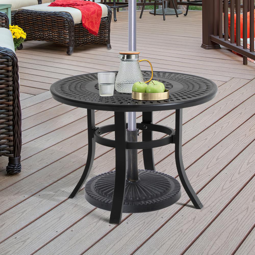 24" Black Rounded Metal Outdoor Bistro Table With Umbrella Hole. Picture 6