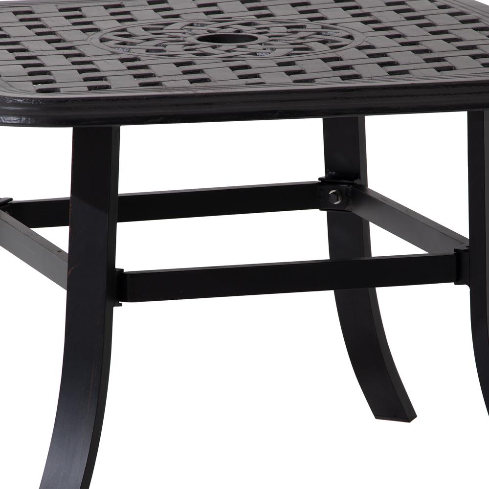 24" Black Square Metal Outdoor Bistro Table With Umbrella Hole. Picture 5