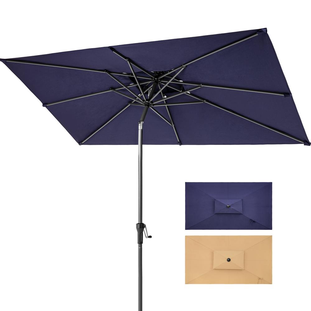 10' Navy Polyester Rectangular Tilt Market Patio Umbrella With Stand. Picture 1