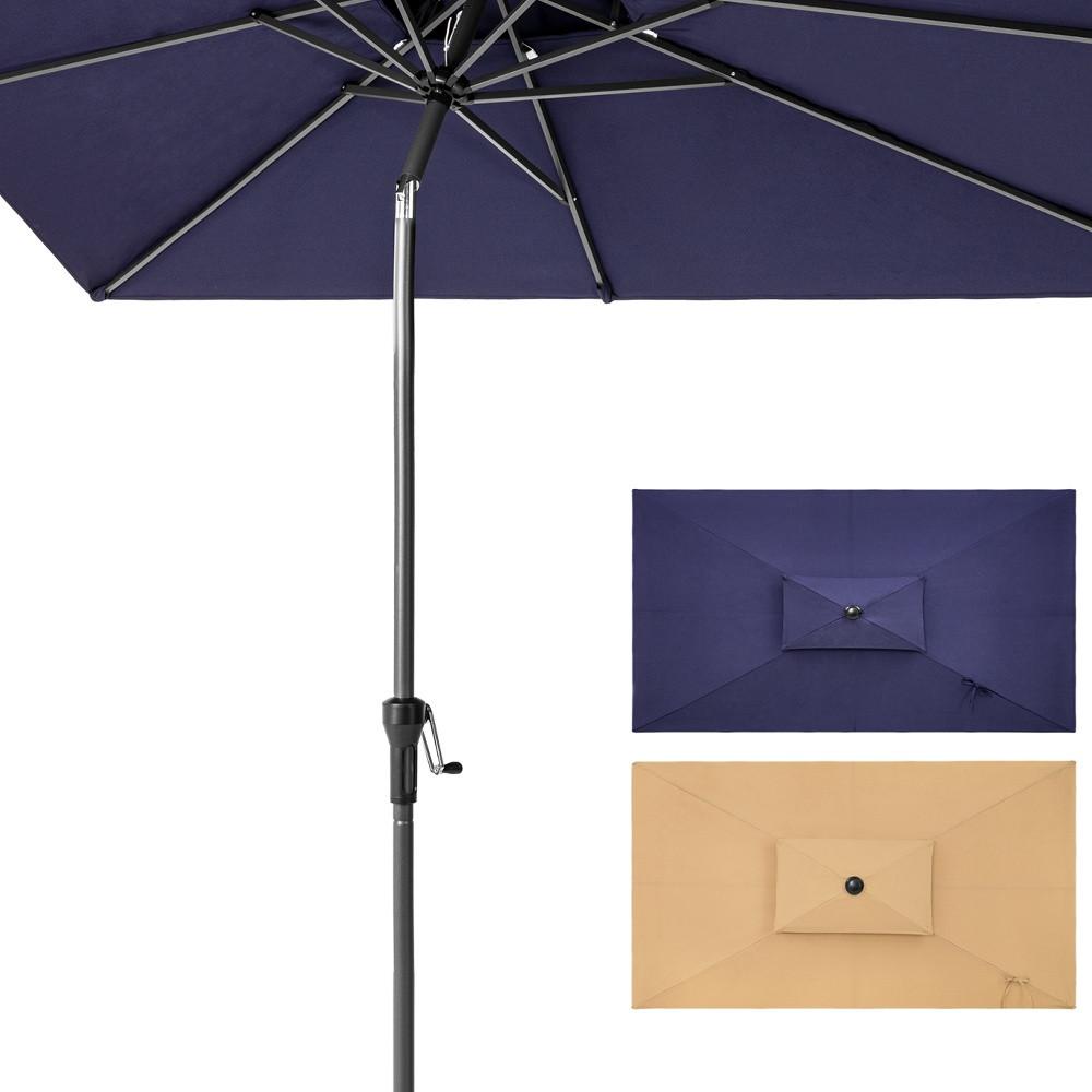 10' Navy Polyester Rectangular Tilt Market Patio Umbrella With Stand. Picture 3