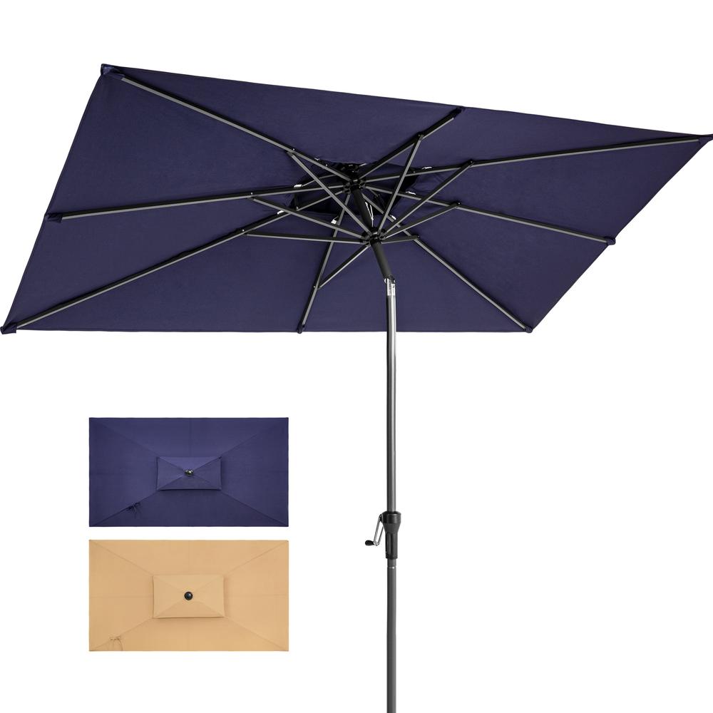 10' Navy Polyester Rectangular Tilt Market Patio Umbrella With Stand. Picture 4