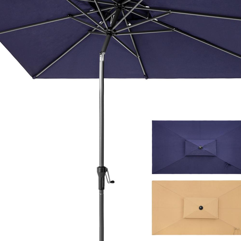 10' Navy Polyester Rectangular Tilt Market Patio Umbrella With Stand. Picture 2