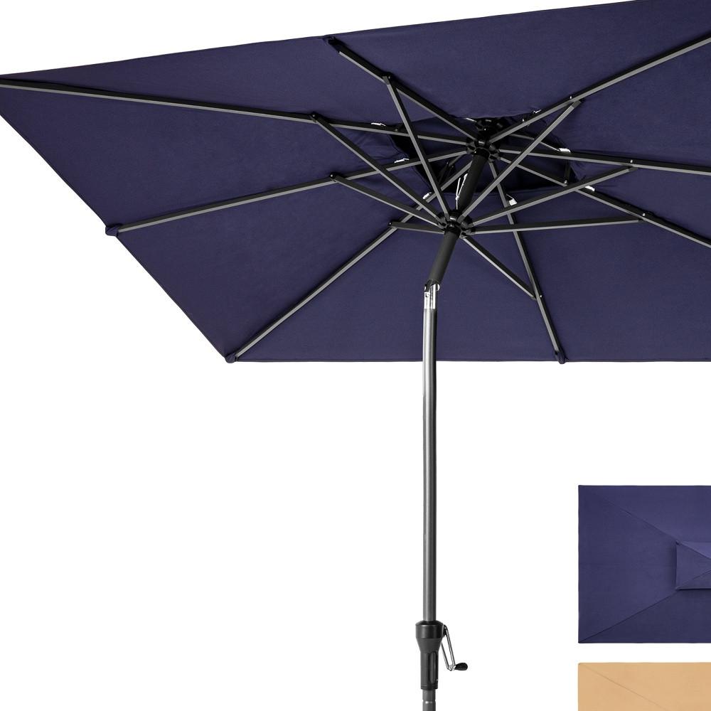 9' Navy Blue Polyester Rectangular Tilt Market Patio Umbrella. Picture 2
