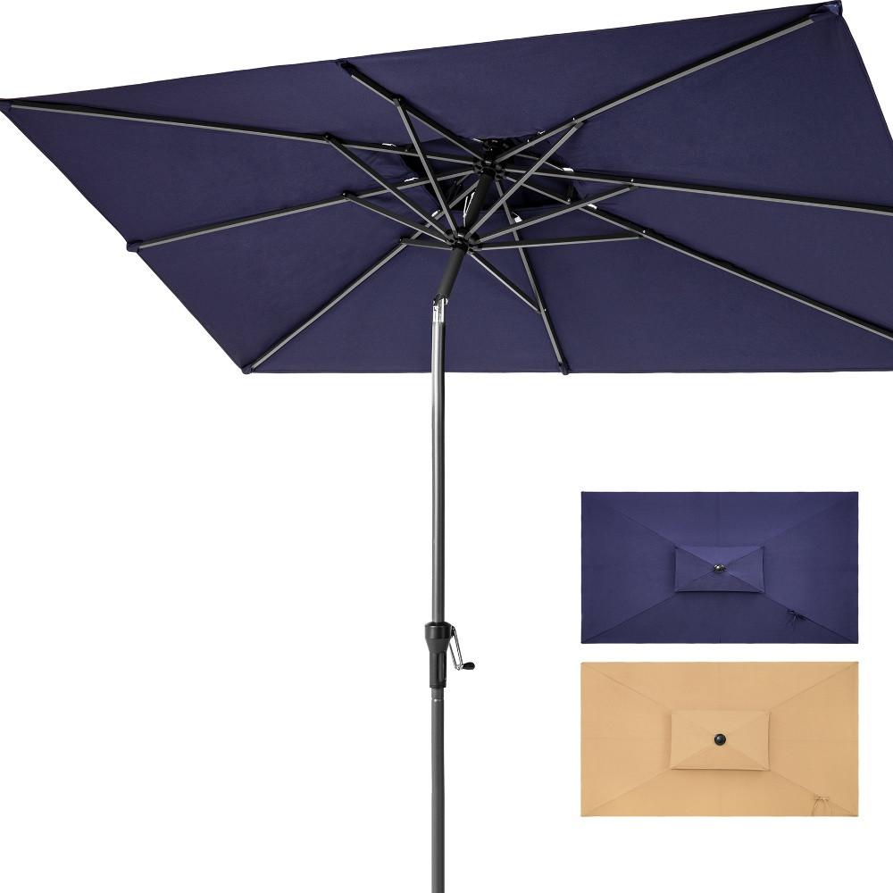 9' Navy Blue Polyester Rectangular Tilt Market Patio Umbrella. Picture 3