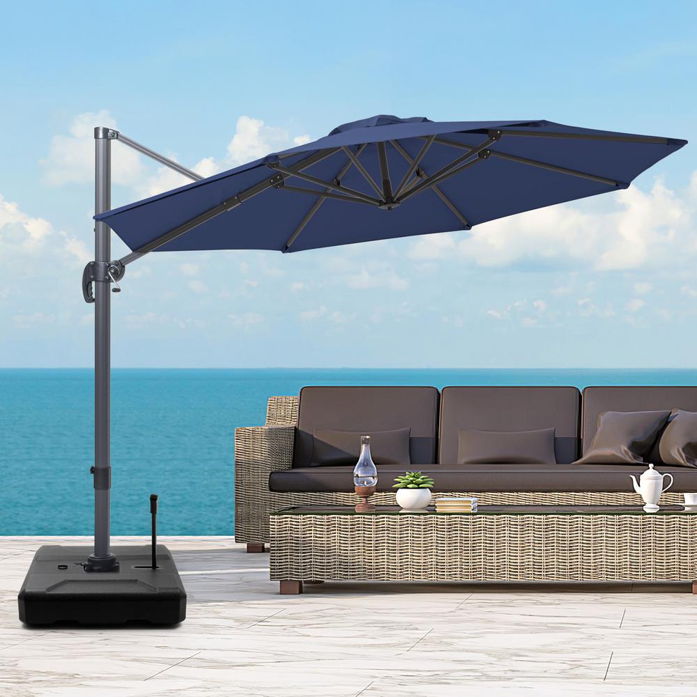 10' Navy Blue Polyester Round Tilt Cantilever Patio Umbrella With Stand. Picture 6