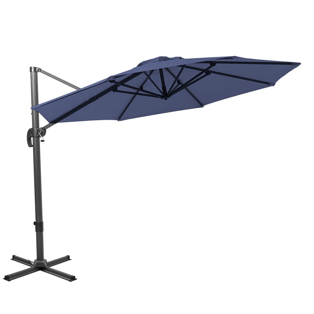 10' Navy Blue Polyester Round Tilt Cantilever Patio Umbrella With Stand. Picture 1
