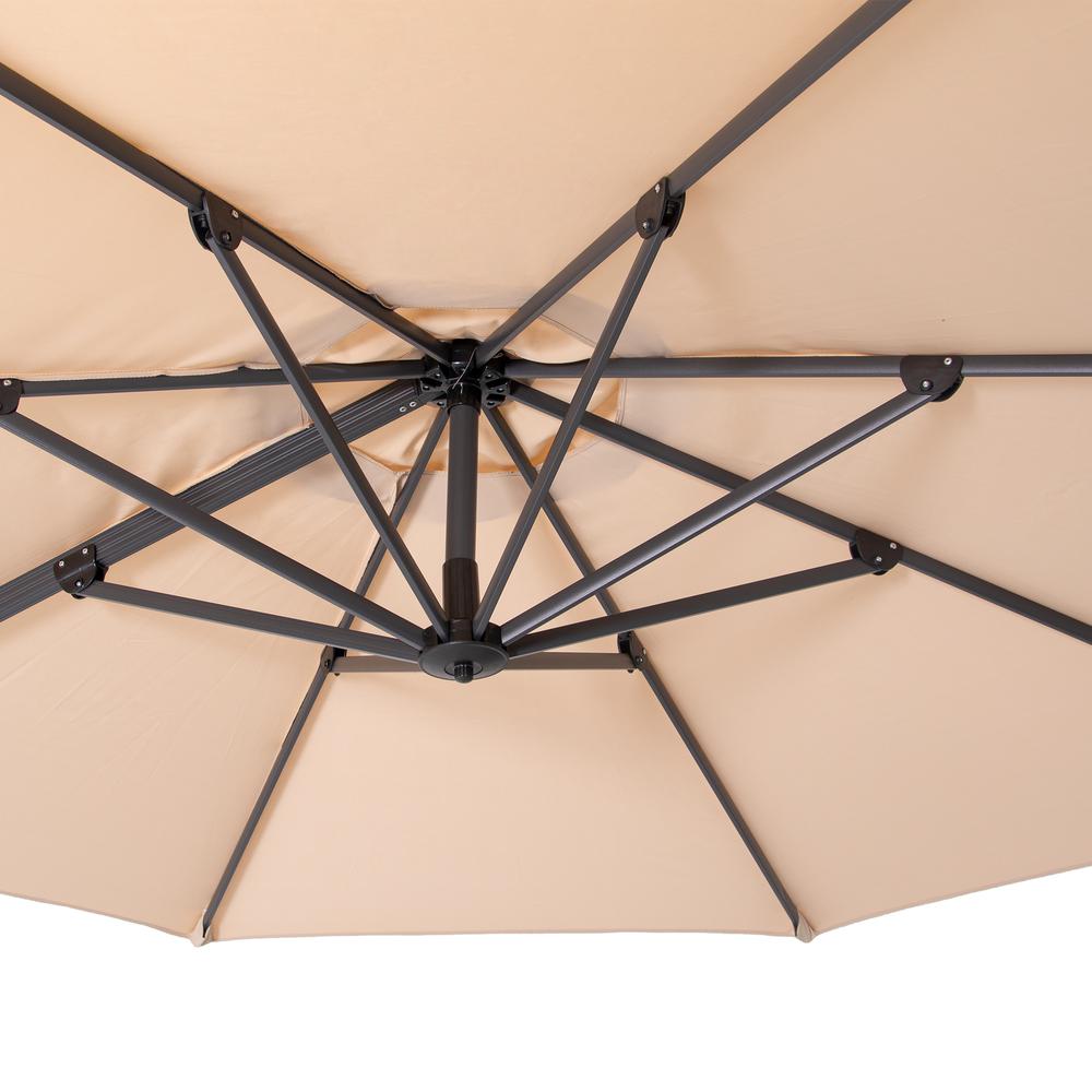 10' Tan Polyester Round Tilt Cantilever Patio Umbrella With Stand. Picture 4