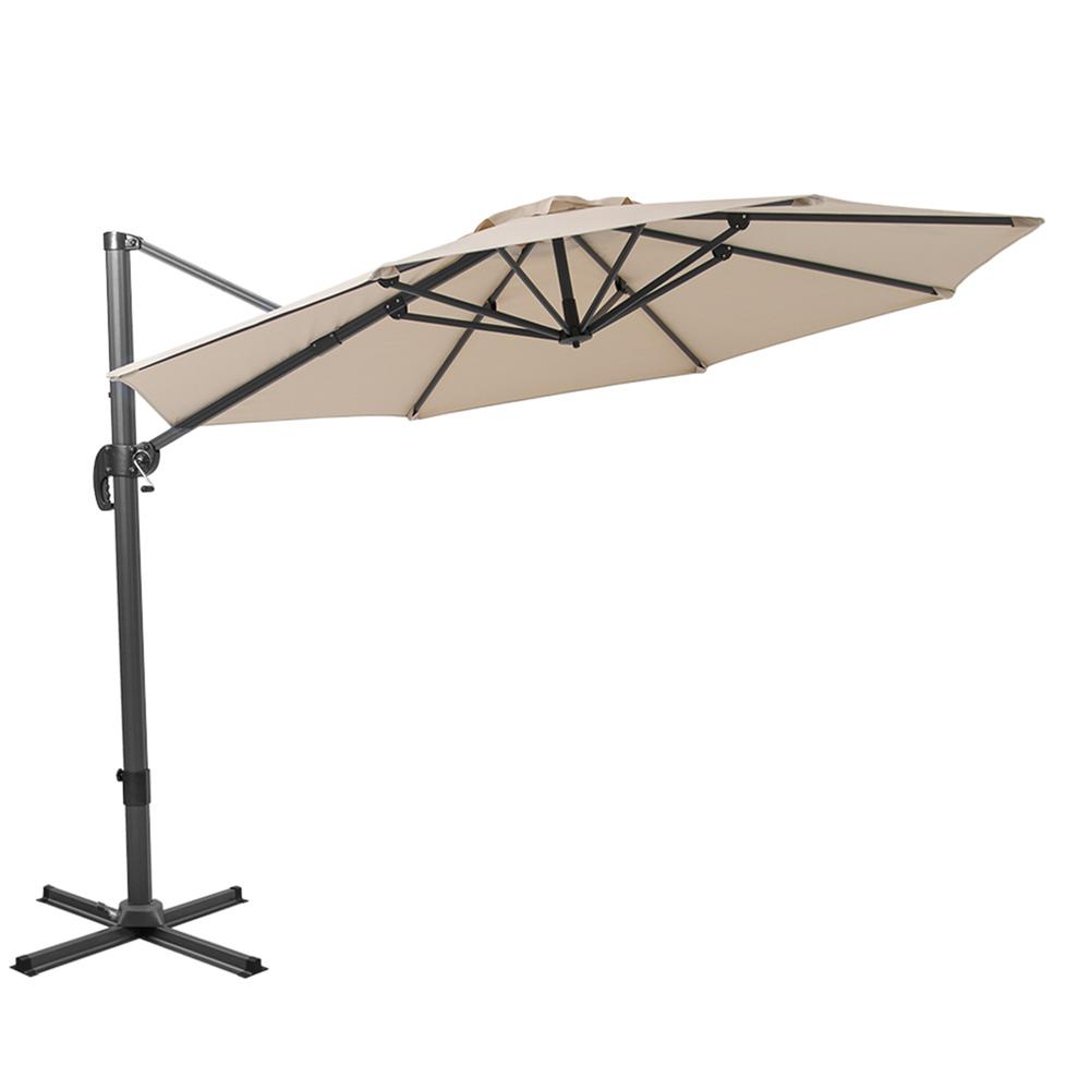 10' Tan Polyester Round Tilt Cantilever Patio Umbrella With Stand. Picture 1