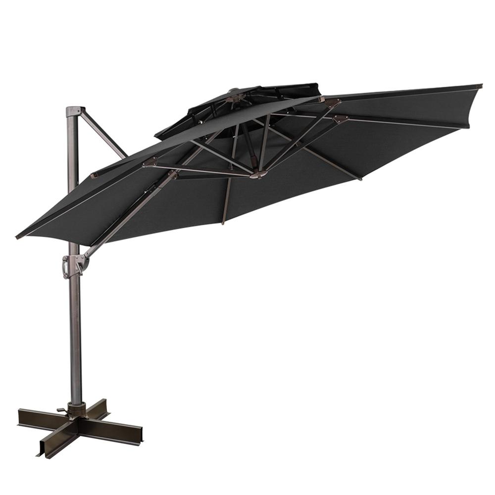 12' Black Polyester Round Tilt Cantilever Patio Umbrella With Stand. Picture 1