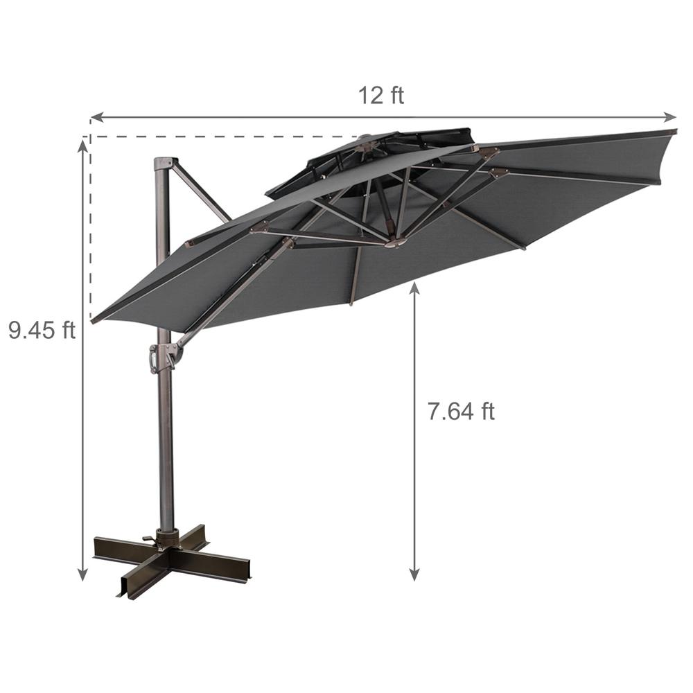 12' Dark Gray Polyester Round Tilt Cantilever Patio Umbrella With Stand. Picture 8