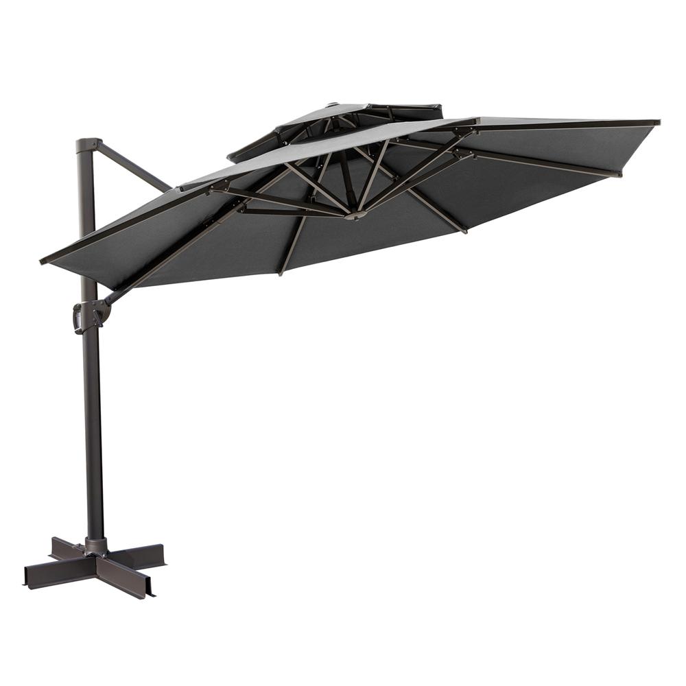 12' Dark Gray Polyester Round Tilt Cantilever Patio Umbrella With Stand. Picture 1