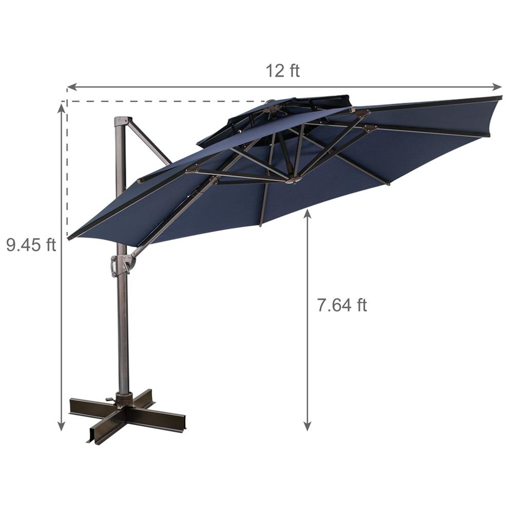 12' Navy Blue Polyester Round Tilt Cantilever Patio Umbrella With Stand. Picture 7